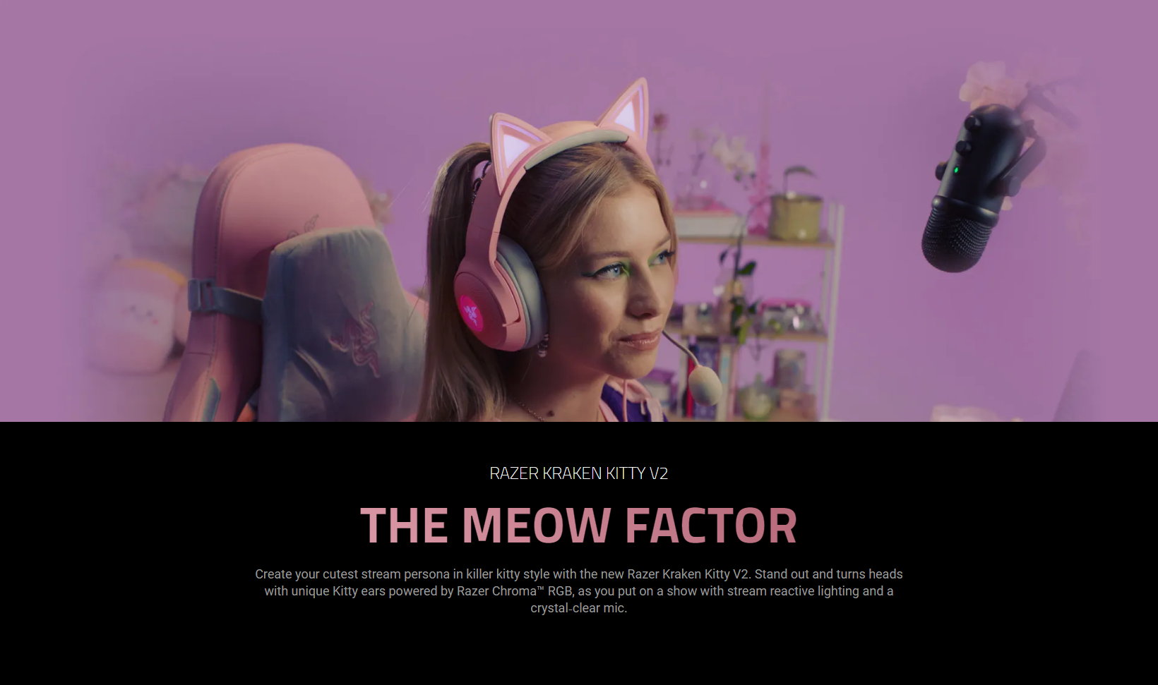 A large marketing image providing additional information about the product Razer Kraken Kitty V2 - USB Gaming Headset (Quartz Pink) - Additional alt info not provided